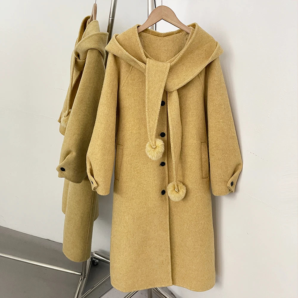 OFTBUY New Women's Hooded Wool Coat with Fur Pom Details Long Single Breasted Winter Warm Elegant Woolen Outerwear Female