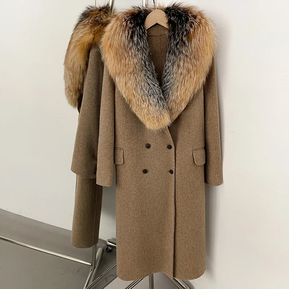 OFTBUY Woolen Coat Female Women's Luxury Double-Faced Wool Jacket Winter Oversize Real Fox Fur Double Breasted Elegant Outerwear