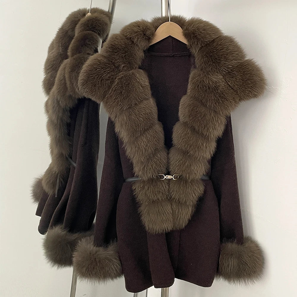 OFTBUY Belt Loose Fit Warm Winter Fashion Outerwear Natural Fur Sweater Female New Women's Knit Coat with Large Real Fox Fur