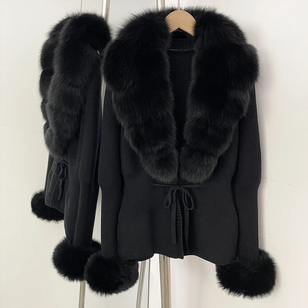 OFTBUY New Autumn Winter Knit Cardigan Women Fashion Warm Clothes with Real Fox Fur Luxury Natural Fur Sweater Jacket Female