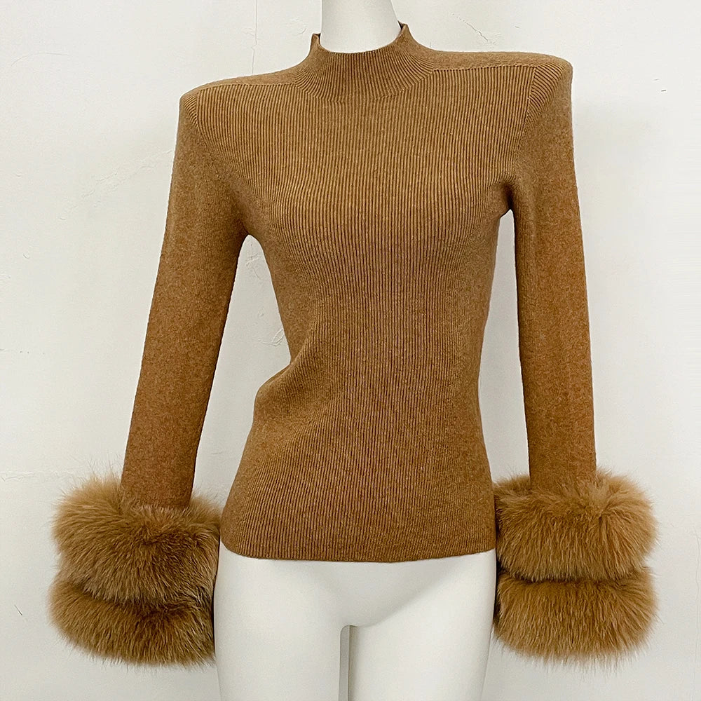 OFTBUY Luxury Mock Neck Ribbed Knit Top with Oversized 100% Real Fox Fur Cuffs