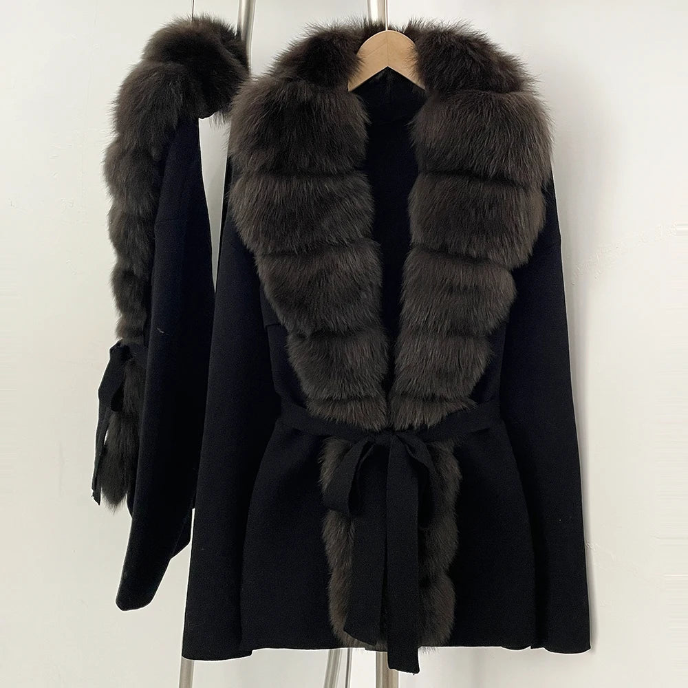 OFTBUY Luxury Warm Winter Fashion Outerwear New Women's Knit Cardigan with Oversized Real Fox Fur Trim Self-Tie Belt Sweater