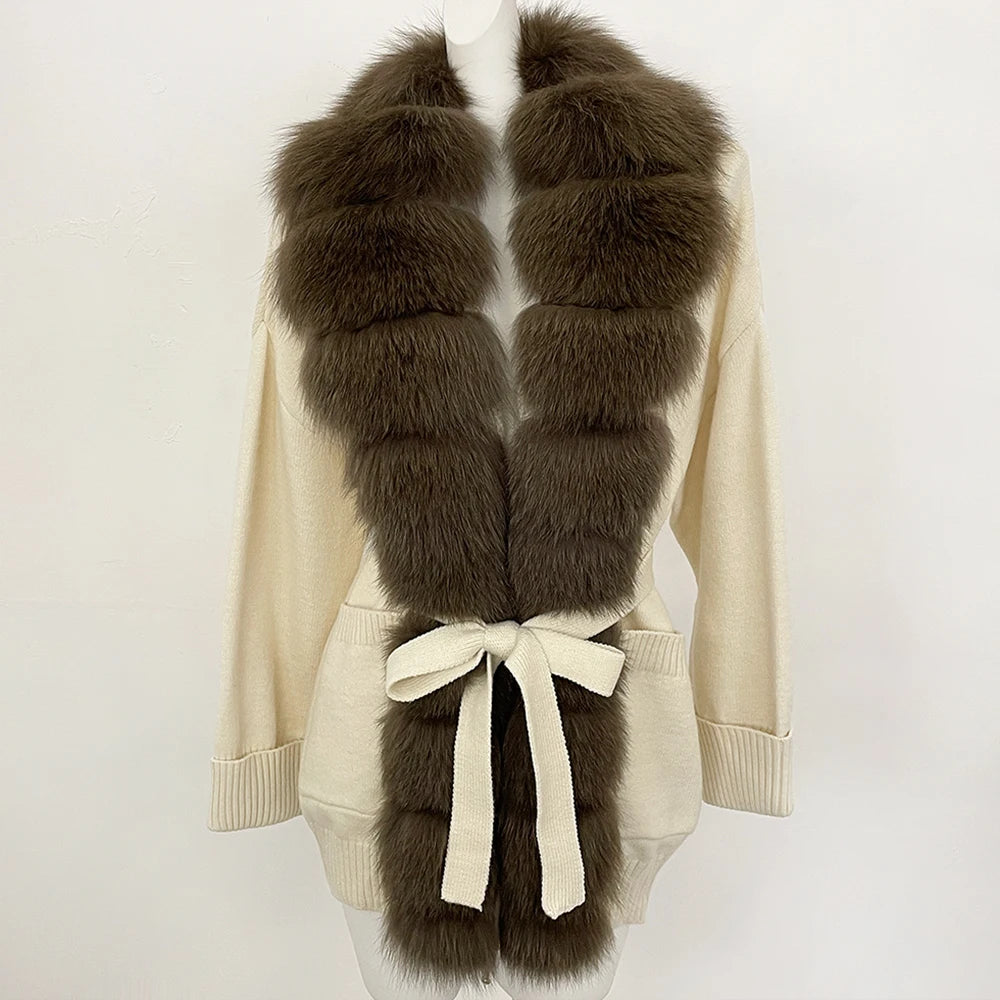OFTBUY Trim Belted Waist Warm Winter Luxury Fashion Outerwear Sweater Female New Women's Knit Cardigan with Large Real Fox Fur