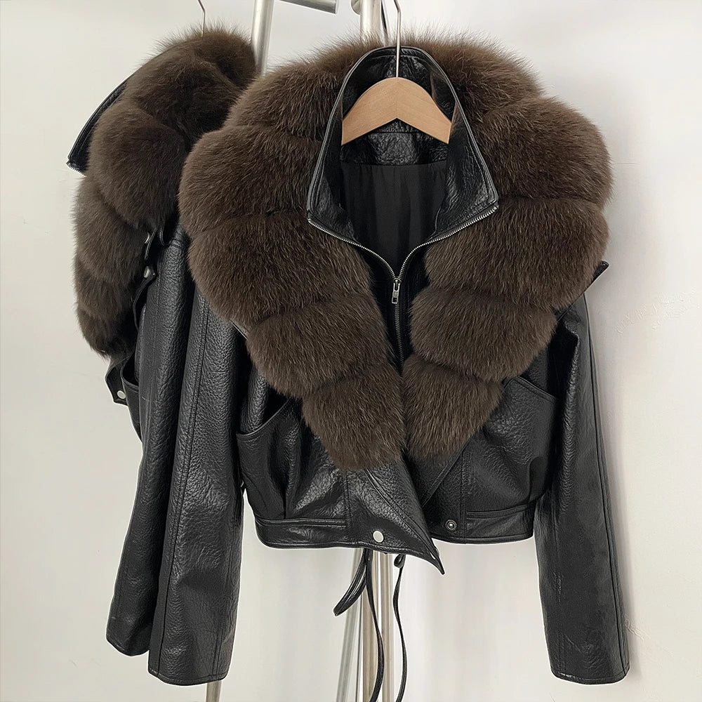 OFTBUY Women's Black Faux Leather Moto Jacket with Real Fox Fur Collar PU Leather Cropped Biker Coat Female New Winter Outerwear