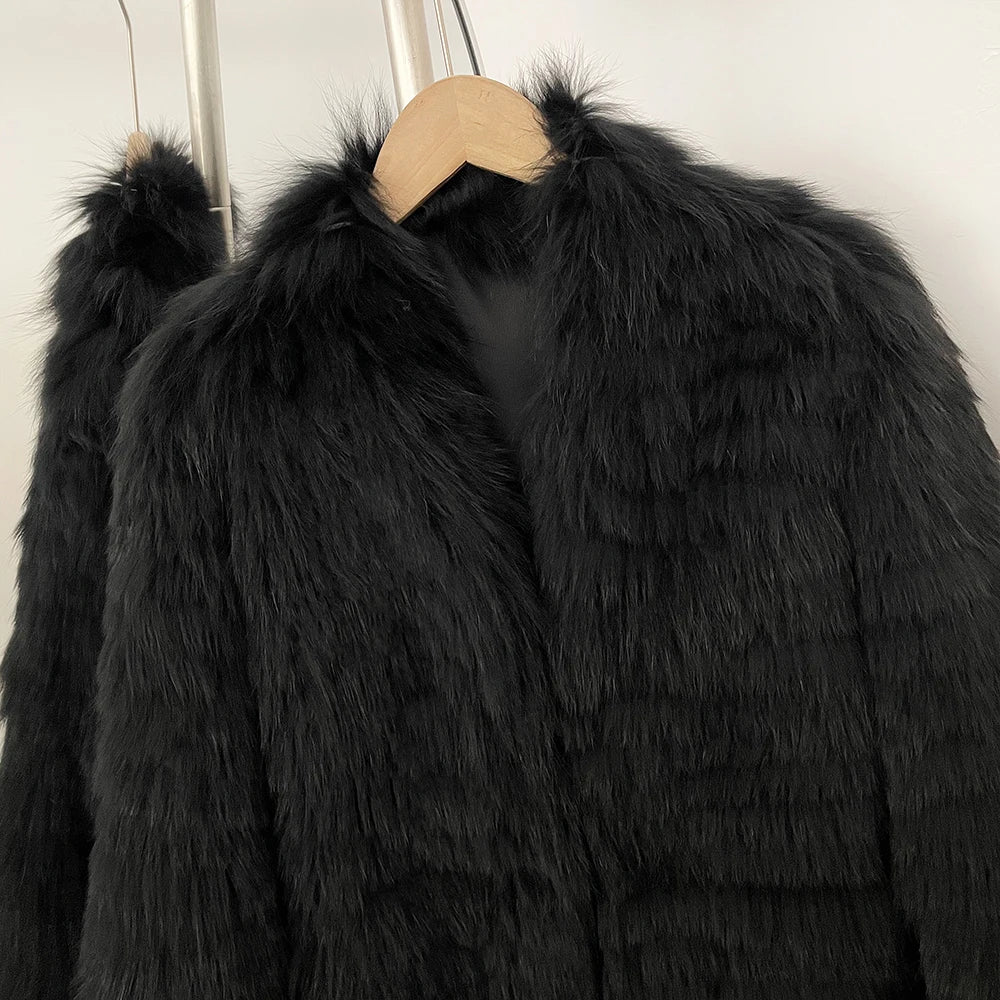 OFTBUY Women's Luxury Black Real Fox Fur Mid-Length Coat Natural Fur Jacket Female New Thick Warm Winter Outerwear for Cold Weather