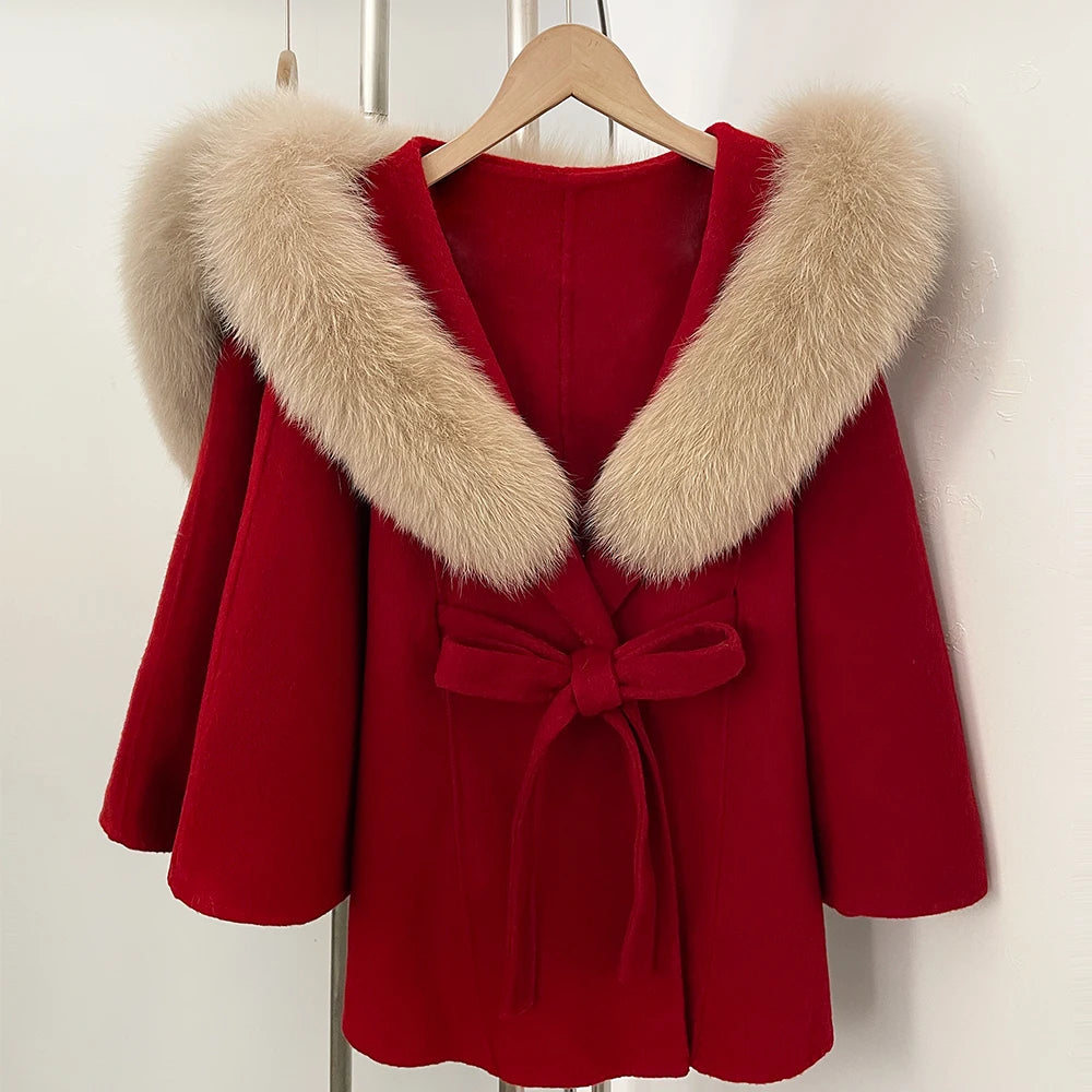 OFTBUY New Autumn Winter Wool Clothing Women Belt Hooded Real Fox Fur Cape Coat Female Fashion Warm Woolen Natural Fur Jacket