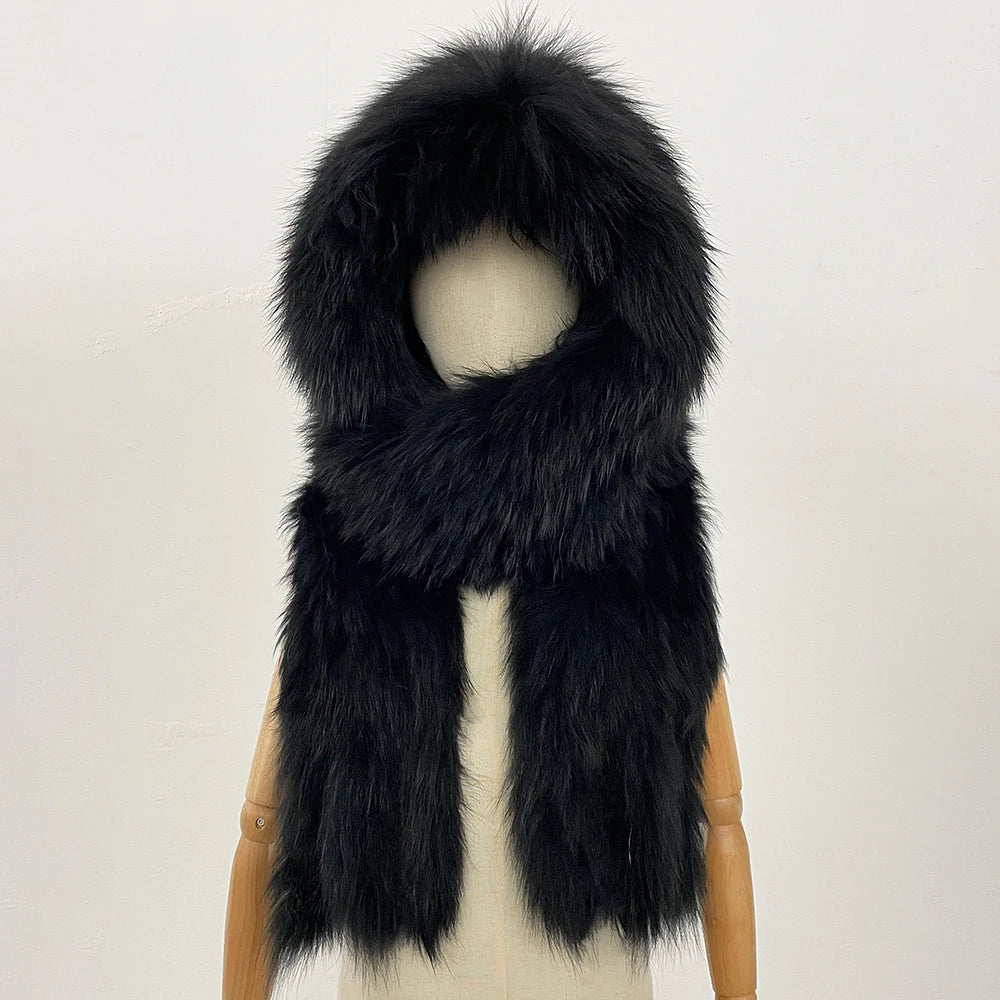 OFTBUY Hot Sales Fashion Fluffy White Natural Fox Fur Hat with Scarf Women Winter Female Thickened Warm Long Real Fur Cap Child
