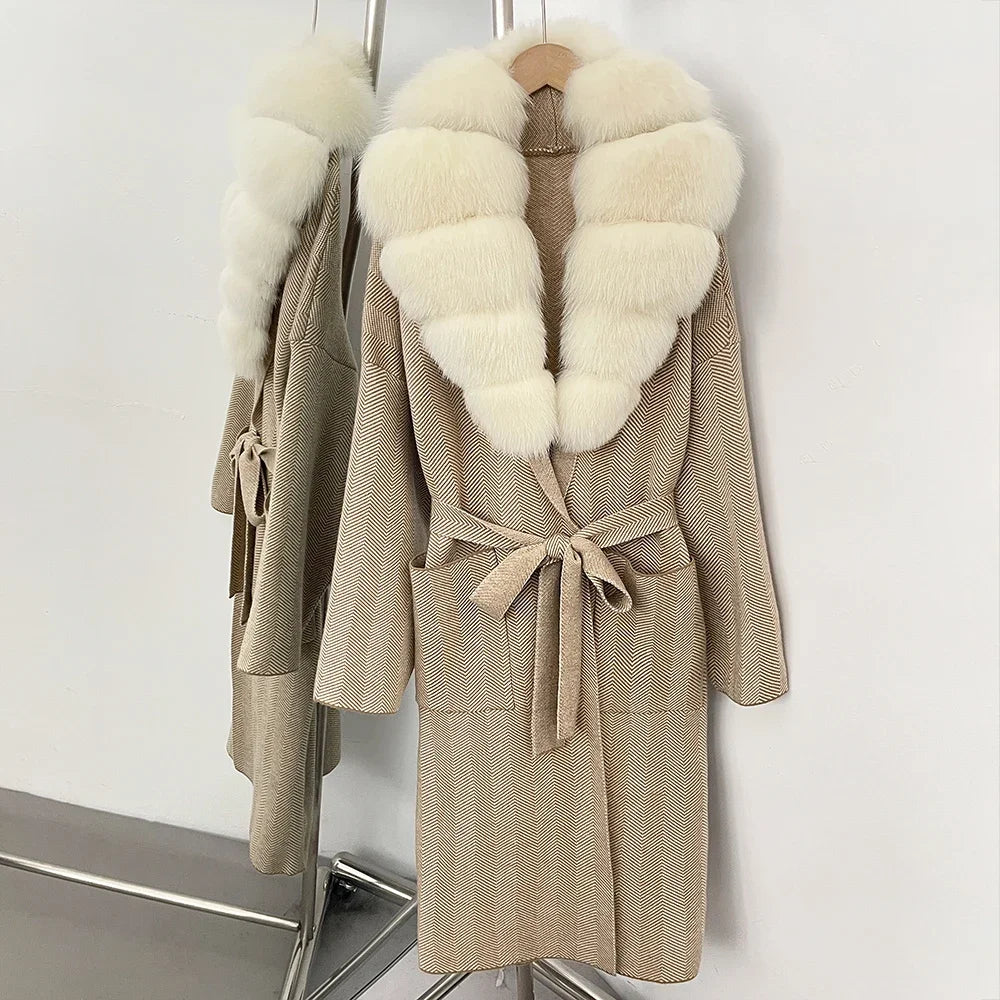 OFTBUY New Women's Knit Coat with Large Real Fox Fur Collar Belted Cardigan Female Winter Elegant Outerwear Warm Long Coat Lady