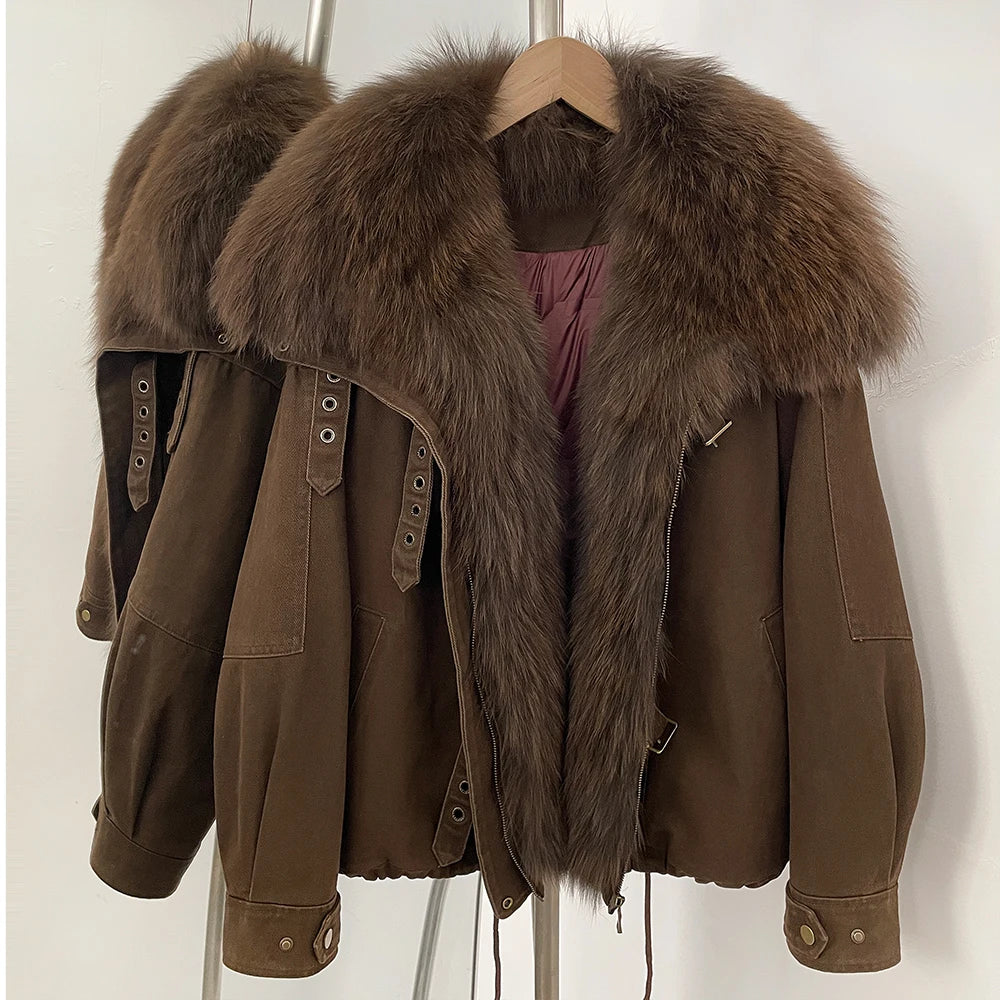OFTBUY 100% Cotton Natural Fur Duck Down Coat Female New Winter Thick Warm Clothes Women Loose Real Fox Fur Puffer Jacket Lady