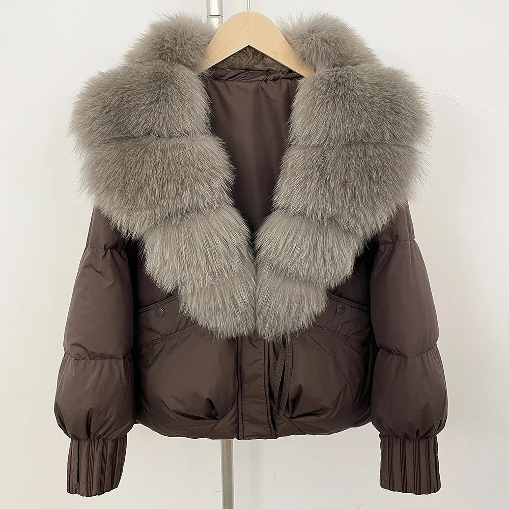 OFTBUY Luxury 90% Duck Down Puffer Jacket with Oversized Real Fox Fur Collar - Short Tiered Winter Coat