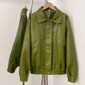 OFTBUY New Autumn Green Faux Leather Jacket Women Loose Long Sleeve Elastic Hem Biker Coat Female PU Leather Overcoat Outerwear