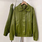 OFTBUY New Autumn Green Faux Leather Jacket Women Loose Long Sleeve Elastic Hem Biker Coat Female PU Leather Overcoat Outerwear