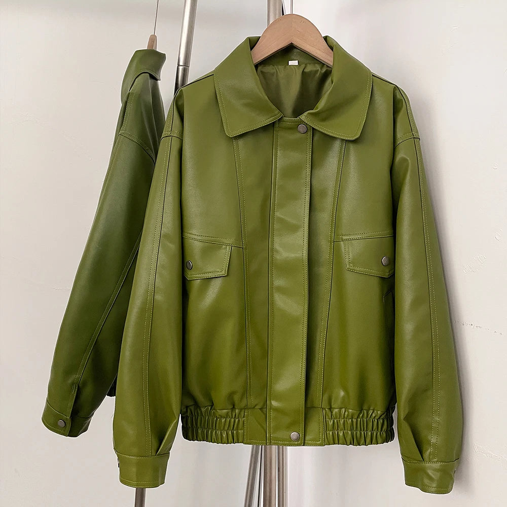 OFTBUY New Autumn Green Faux Leather Jacket Women Loose Long Sleeve Elastic Hem Biker Coat Female PU Leather Overcoat Outerwear