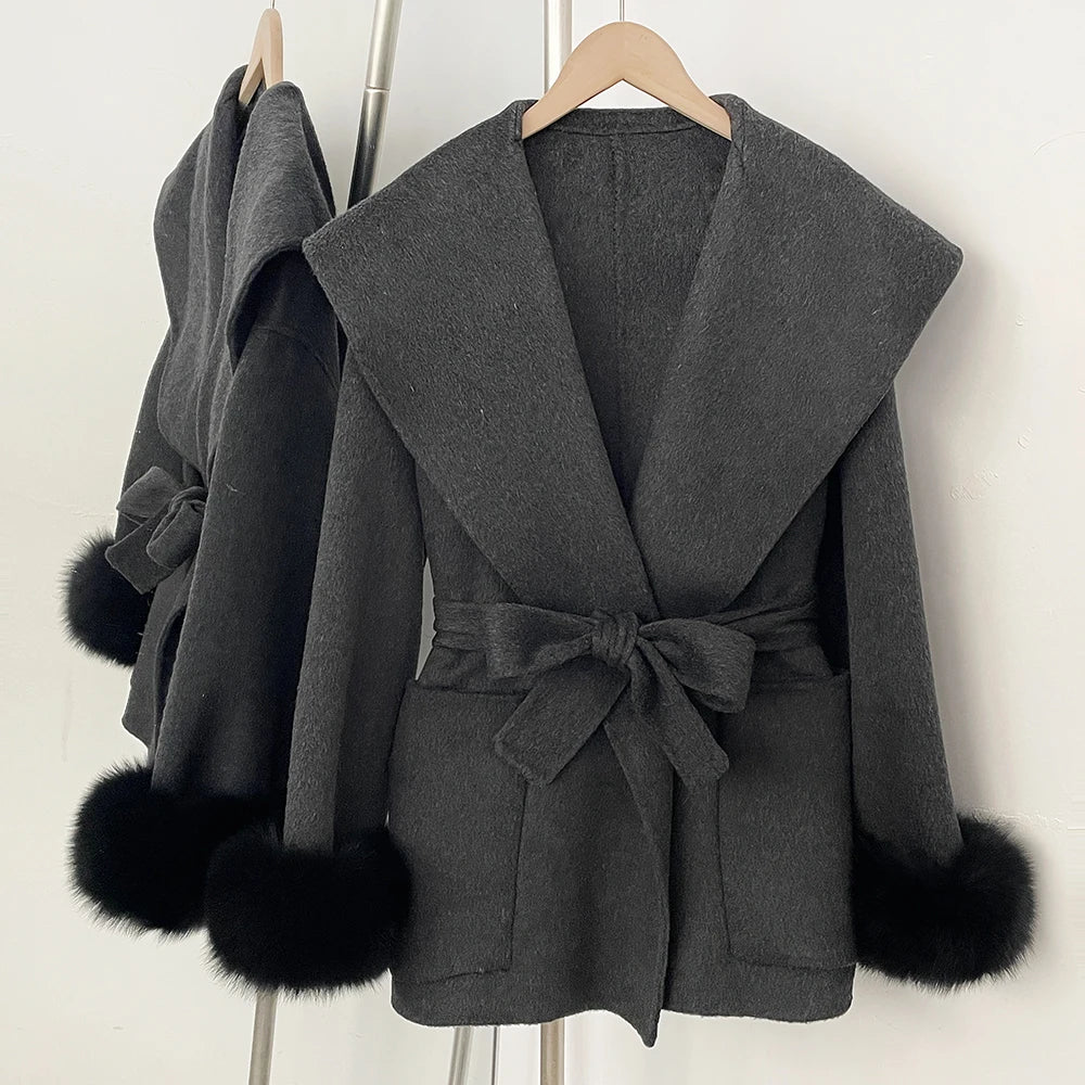 OFTBUY Pockets Elegant Warm Winter Fashion Outerwear Female New Women's Double-Faced Wool Coat Lapel Collar Belt Real Fox Fur