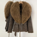 OFTBUY Real Rabbit Fur Lining Belted Winter Luxury Outerwear New Women's Faux Suede Jacket with Real Mongolian Sheep Fur Collar