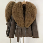 OFTBUY Real Rabbit Fur Lining Belted Winter Luxury Outerwear New Women's Faux Suede Jacket with Real Mongolian Sheep Fur Collar