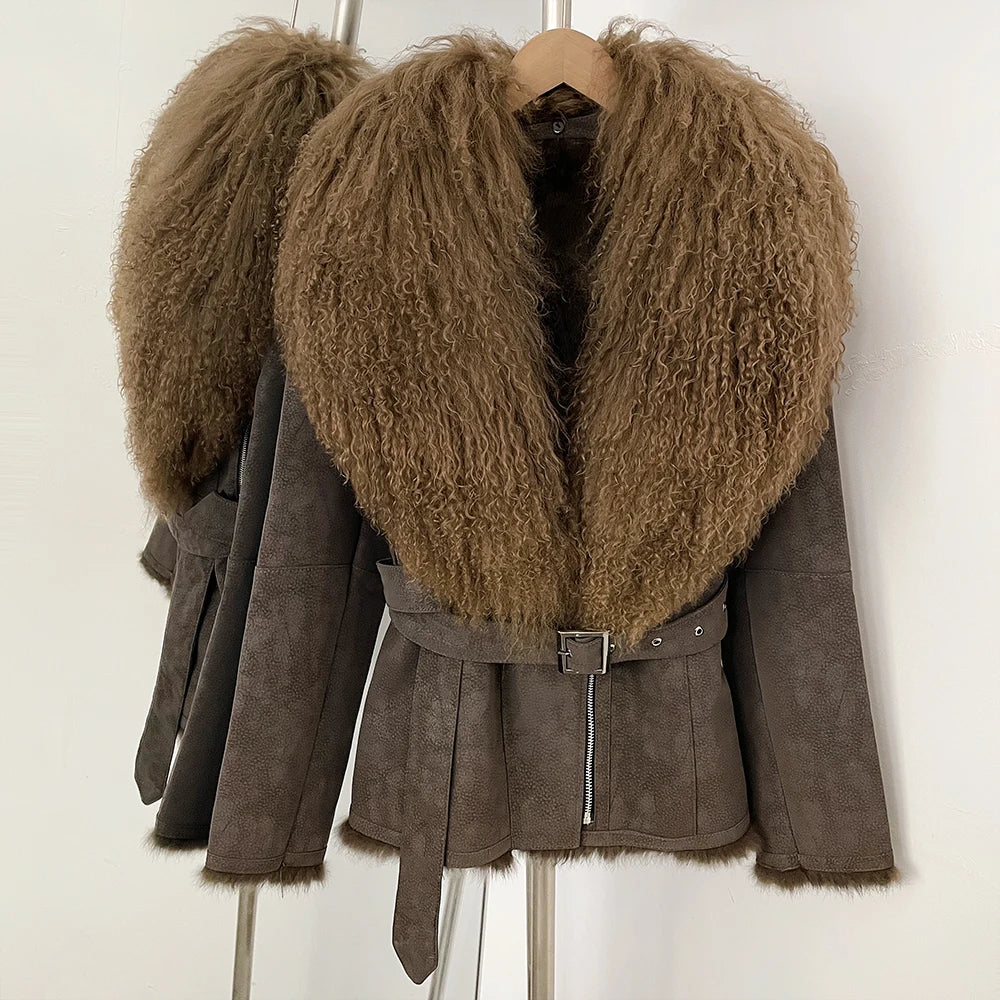 OFTBUY Real Rabbit Fur Lining Belted Winter Luxury Outerwear New Women's Faux Suede Jacket with Real Mongolian Sheep Fur Collar