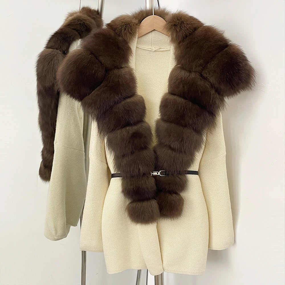 OFTBUY Fashion Belt Warm Sweater Female Natural Fur Loose Cadigan Coat Women Medium Length Knit Jacket with Real Fox Fur Collar