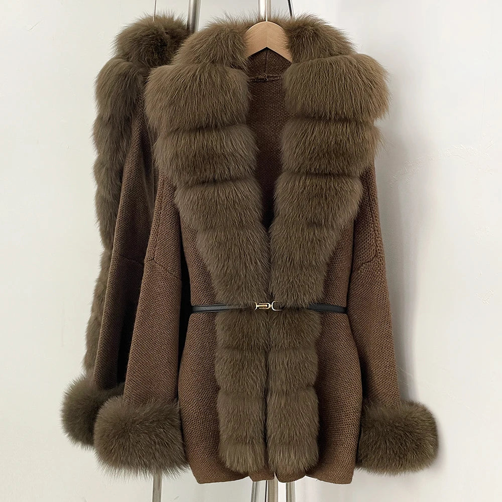 OFTBUY Belt Textured Knit Warm Winter Luxury Outerwear Female Sweater Cardigan New Women's Knit Coat with Large Real Fox Fur