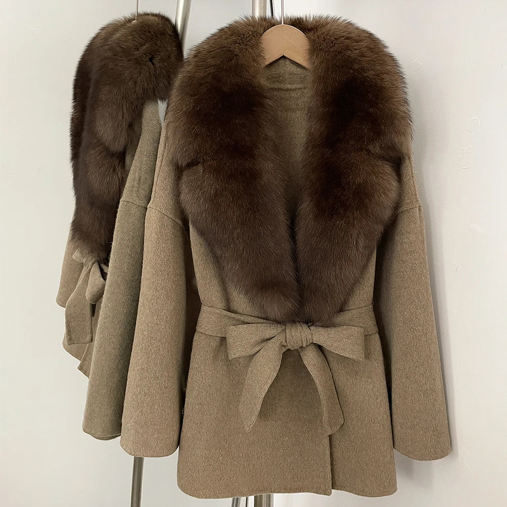 OFTBUY Belted Warm Winter Elegant Fashion Outerwear Lady New Women's Double-Faced Wool Coat with Large Real Fox Fur Collar Cuffs