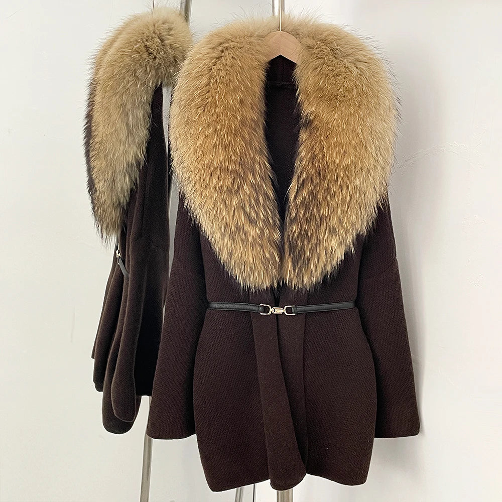 OFTBUY New Autumn Winter Luxury Fashion Outerwear Lady Women's Knit Coat with Large Real Fox Fur Collar Belt Textured Knit Warm