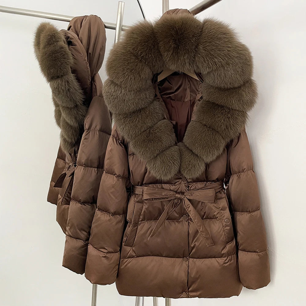 OFTBUY New Women's Duck Down Jacket with Large Real Fox Fur Hood Belted Waist Warm Winter Puffer Coat Lady Luxury Outerwear
