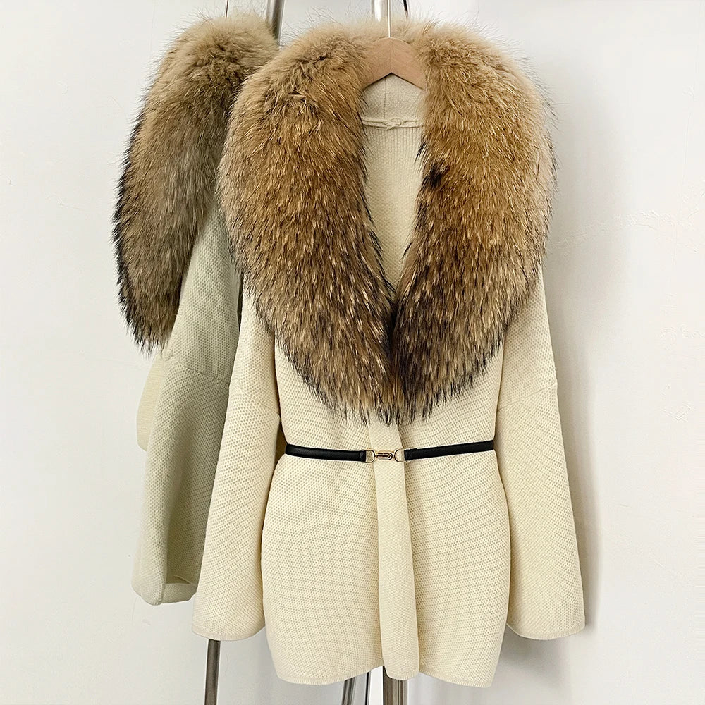 OFTBUY New Autumn Winter Luxury Fashion Outerwear Lady Women's Knit Coat with Large Real Fox Fur Collar Belt Textured Knit Warm
