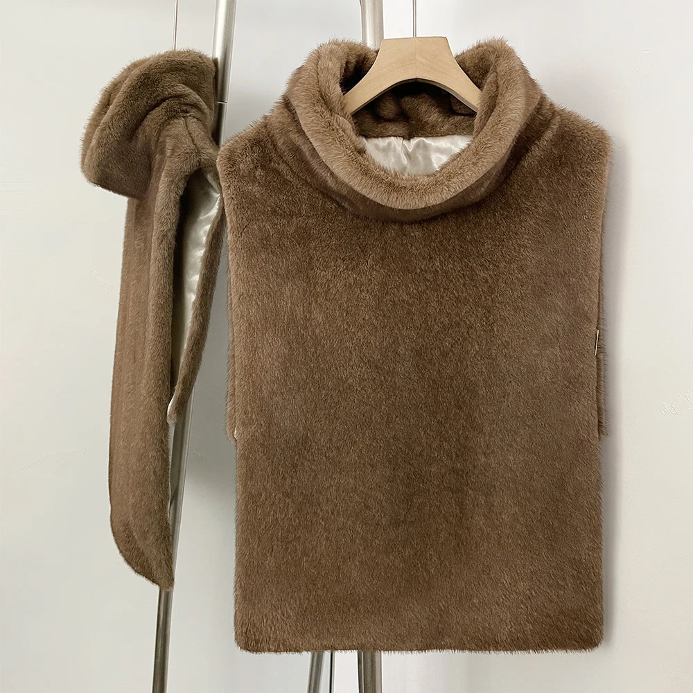 OFTBUY New Women's Faux Fur Sleeveless Gilet with Turtleneck Collar Soft Warm Beige Outerwear Winter Clothes Women Fashion Coats