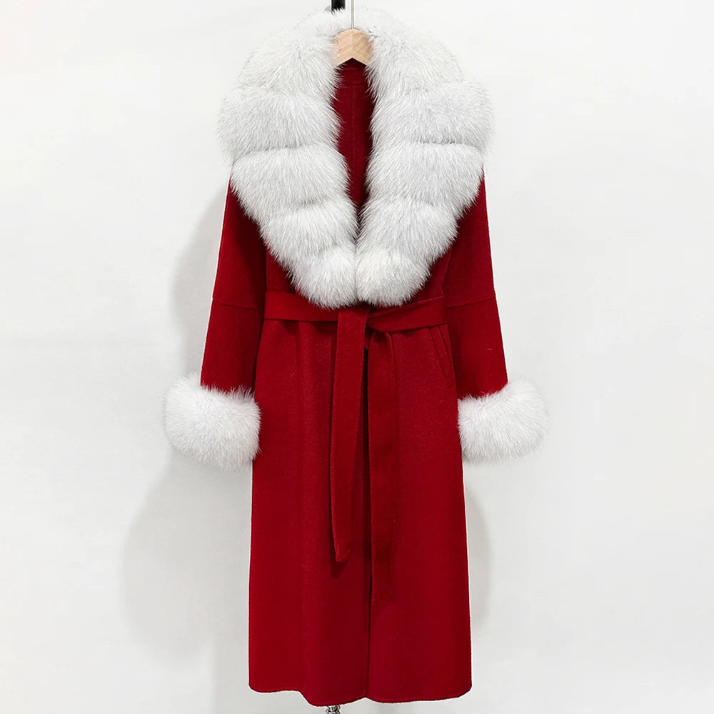 OFTBUY New Women's Double-Faced Wool Coat with Large Real Fox Fur Belted Warm Winter Luxury Fashion Outerwear Woolen Jacket Lady