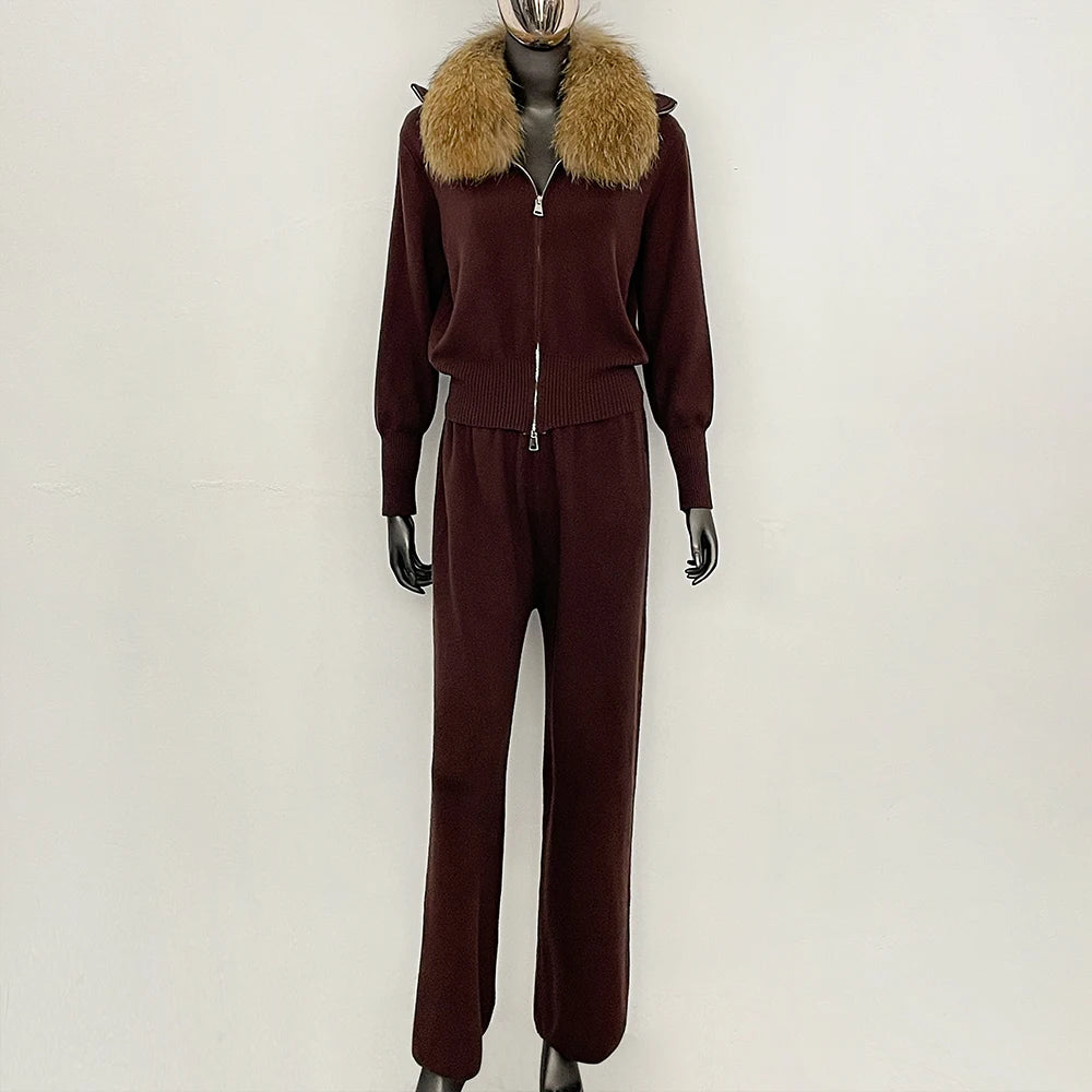 OFTBUY Winter New Women's Knitted Tracksuit Set with Fox Fur Collar Zipper Jacket Wide Leg Pants Luxury Casual Two-Piece Outfit