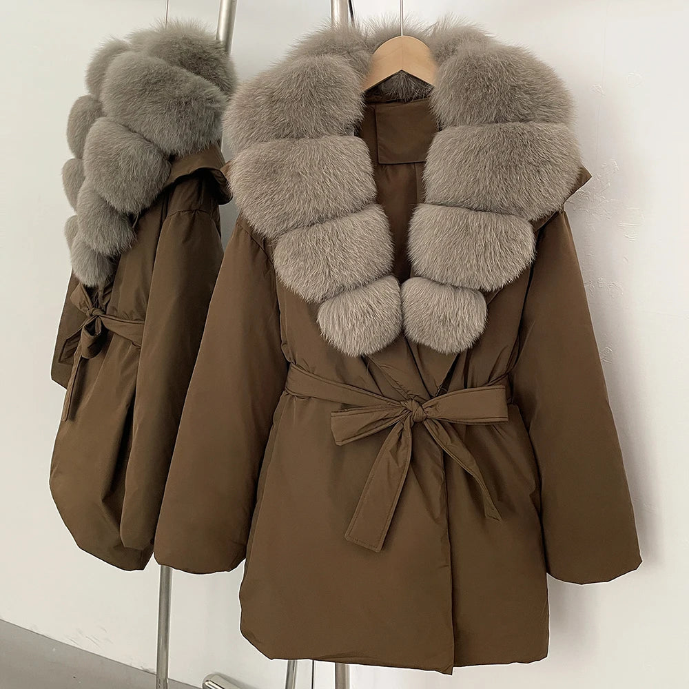 OFTBUY Natural Fox Fur Collar Fluffy Puffer Jacket Women Thickened Warm Real Fur White Duck Down Coat New Winter Parke Outerwear