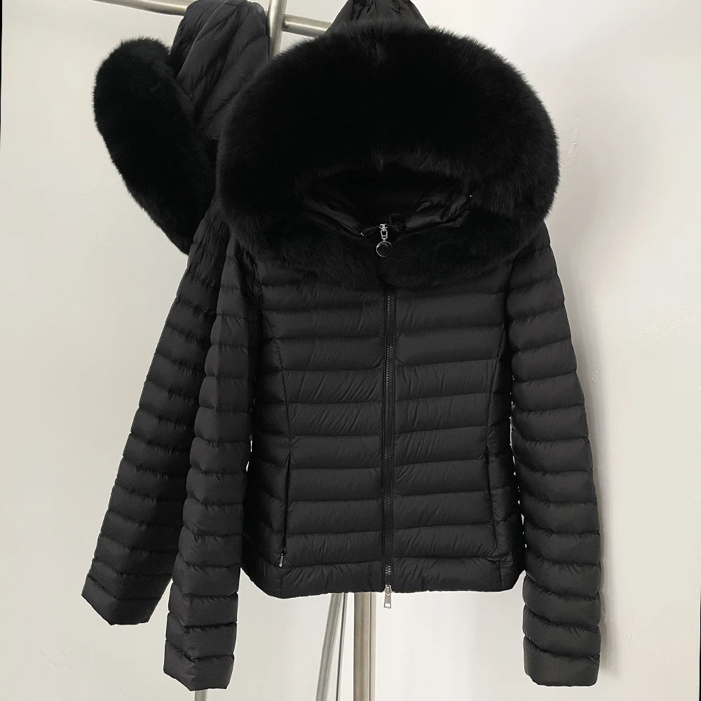 OFTBUY Hooded Slim Real Fox Fur Collar Fluffy Puffer Jacket Women New Winter Short Top Clothing Female Fur White Duck Down Coat