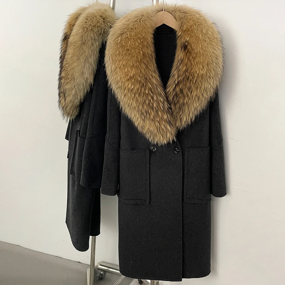 OFTBUY Double Breasted Pockets Long Luxury Warm Winter Outerwear New Women's Double-Faced Wool Coat with Real Fox Fur Collar