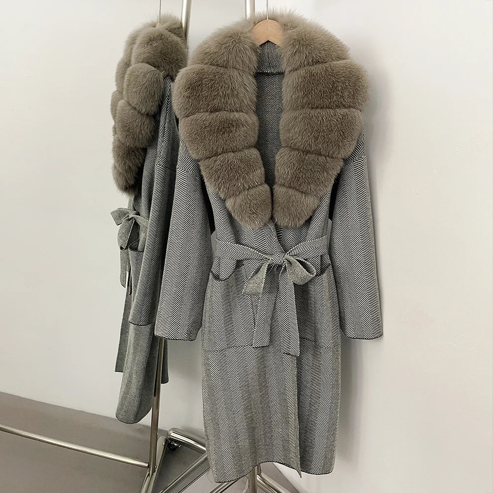 OFTBUY New Women's Knit Coat with Large Real Fox Fur Collar Belted Cardigan Female Winter Elegant Outerwear Warm Long Coat Lady