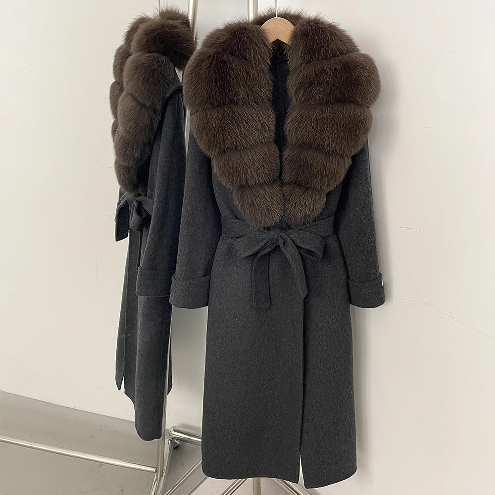OFTBUY Belted Elegant Warm Outerwear Coat Female Women's Luxury Double-Faced Wool Jacket Winter Oversized Real Fox Fur Collar