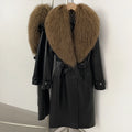 OFTBUY New Women's Long Faux Leather Trench Coat with Real Mongolian Sheep Fur Collar Belted Waist Luxury Jacket Warm Outerwear