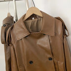 OFTBUY Women's Vintage Brown Faux Leather Trench Coat Double Breasted PU Jacket with Waist Belt Elegant Office Outerwear Female