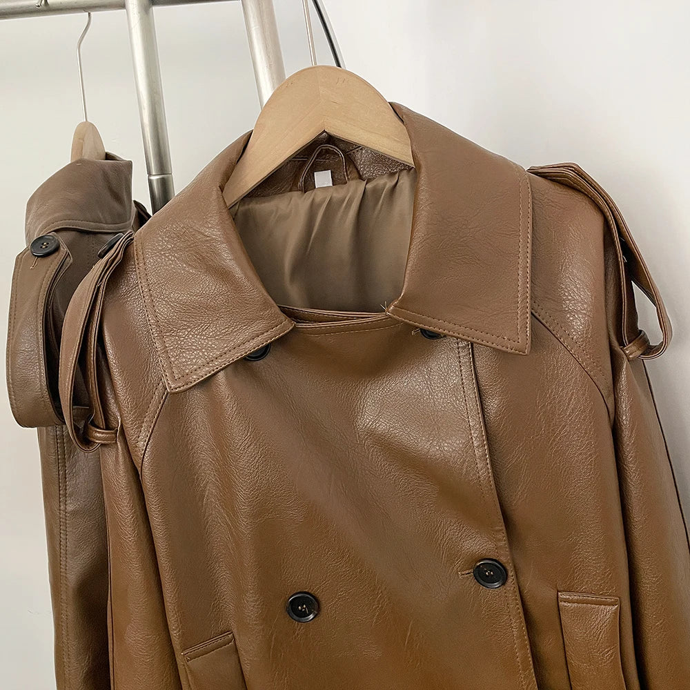 OFTBUY Women's Vintage Brown Faux Leather Trench Coat Double Breasted PU Jacket with Waist Belt Elegant Office Outerwear Female