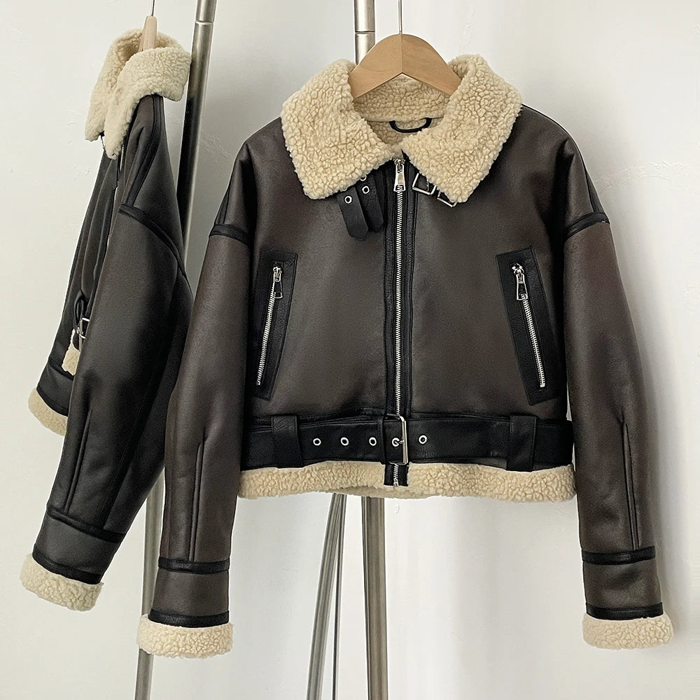 OFTBUY New Winter Clothing Woman's Fashion Thick Warm Faux Fur Shearling Jacket Coat Vintage Long Sleeve Belt Hem Jacket Female