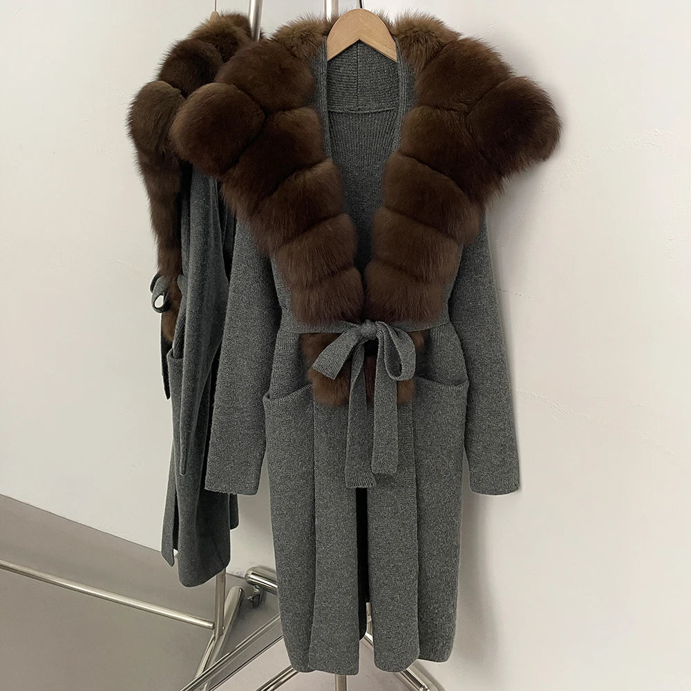 OFTBUY New Natural Fur Collar Long Knit Jacket Women Atrumn Winter Top Clothing Female Fashion Warm Belt Real Fox Fur Cardigan