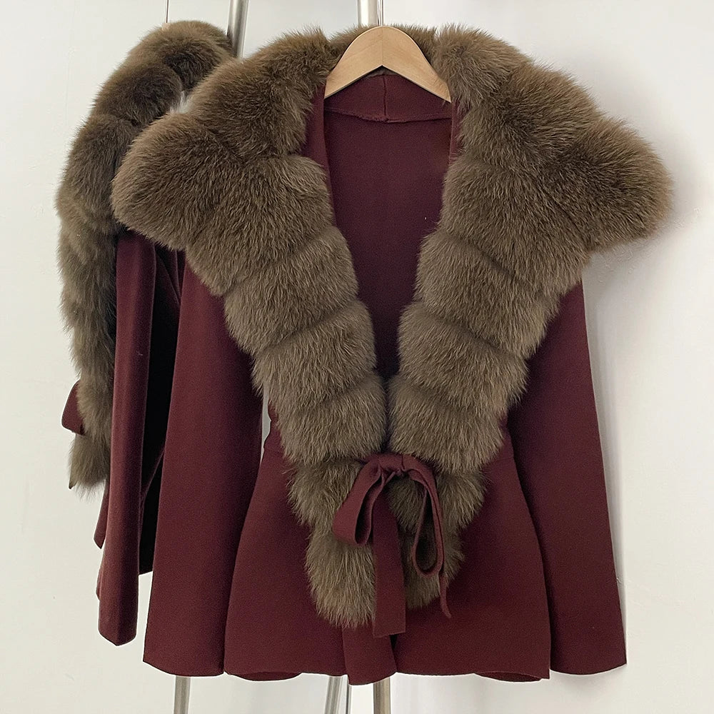 OFTBUY New Women's Knit Cardigan with Oversized Real Fox Fur Collar Belt Luxury Warm Winter Outerwear Sweater Jacket Female