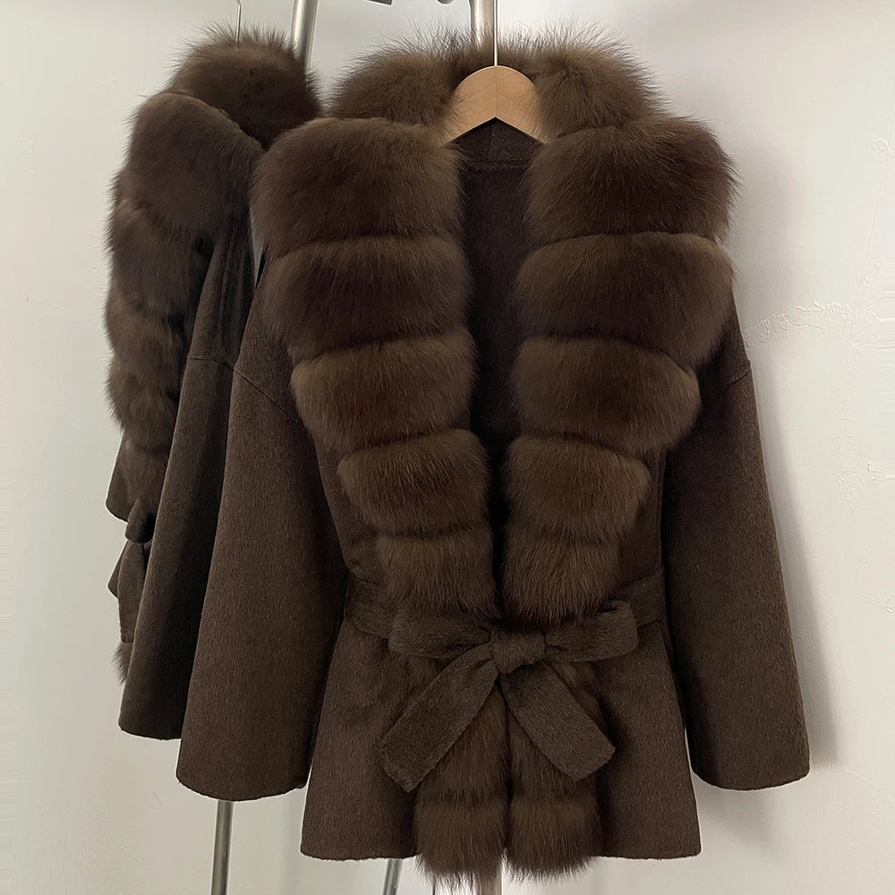 OFTBUY New Autumn Winter Clothes Women Big Natural Fox Fur Pinnacle 100% Wool Coat Female Belt Real Fur Collar Woolen Jacket