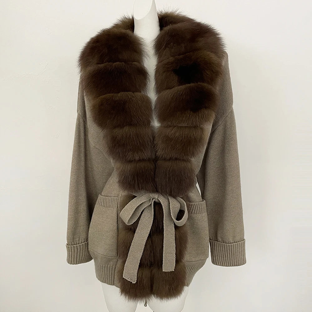 OFTBUY Trim Belted Waist Warm Winter Luxury Fashion Outerwear Sweater Female New Women's Knit Cardigan with Large Real Fox Fur