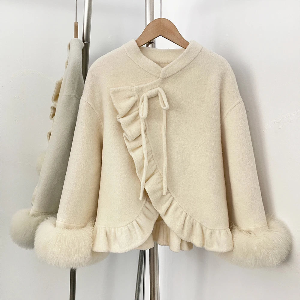 OFTBUY New Women's Wool Jacket with Real Fox Fur Cuffs Winter Elegant Fashion Clothing Outerwear Short Luxury Woolen Coat Female