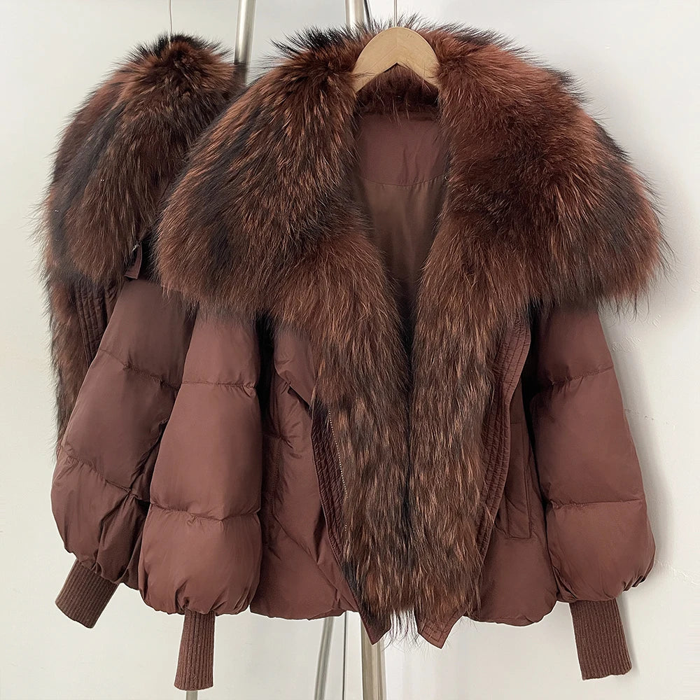 OFTBUY New Women's Duck Down Jacket Whit Large Real Fox Fur Collar Puffy Sleeve Warm Loose Puffer Jacket Winter Luxury Outerwear