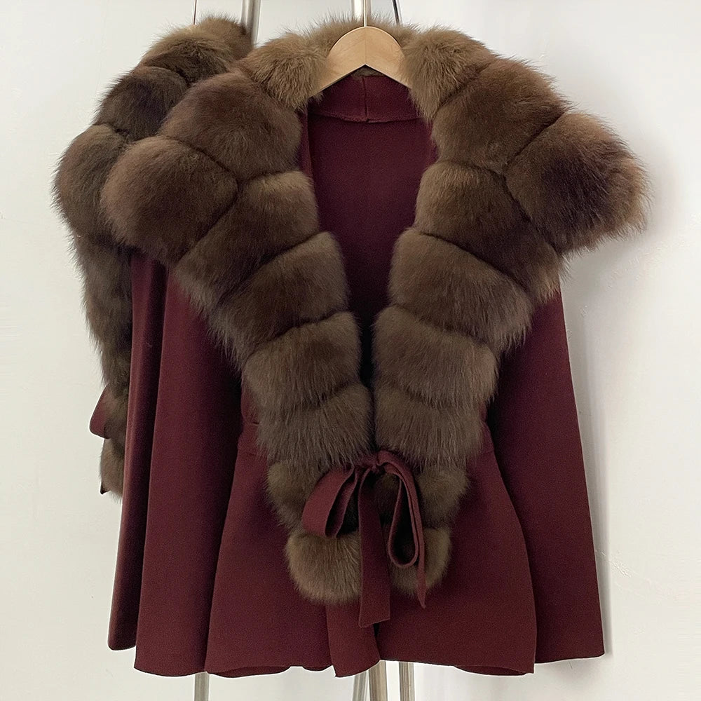 OFTBUY New Women's Knit Cardigan with Oversized Real Fox Fur Collar Belt Luxury Warm Winter Outerwear Sweater Jacket Female