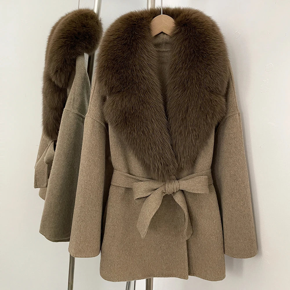 OFTBUY Belted Warm Winter Elegant Fashion Outerwear Lady New Women's Double-Faced Wool Coat with Large Real Fox Fur Collar Cuffs