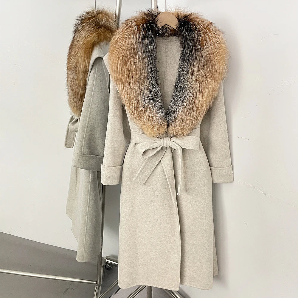 OFTBUY Belted Elegant Warm Outerwear Coat Female Women's Luxury Double-Faced Wool Jacket Winter Oversized Real Fox Fur Collar