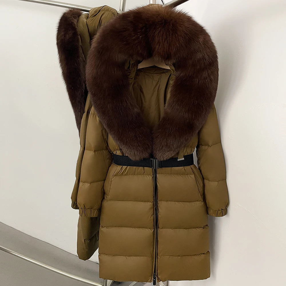 OFTBUY New Natural Thick Warm Duck Down Coat Female Long Winter Jacket Women Real Big Fox Fur Collar Belt Loose Puffer Parka