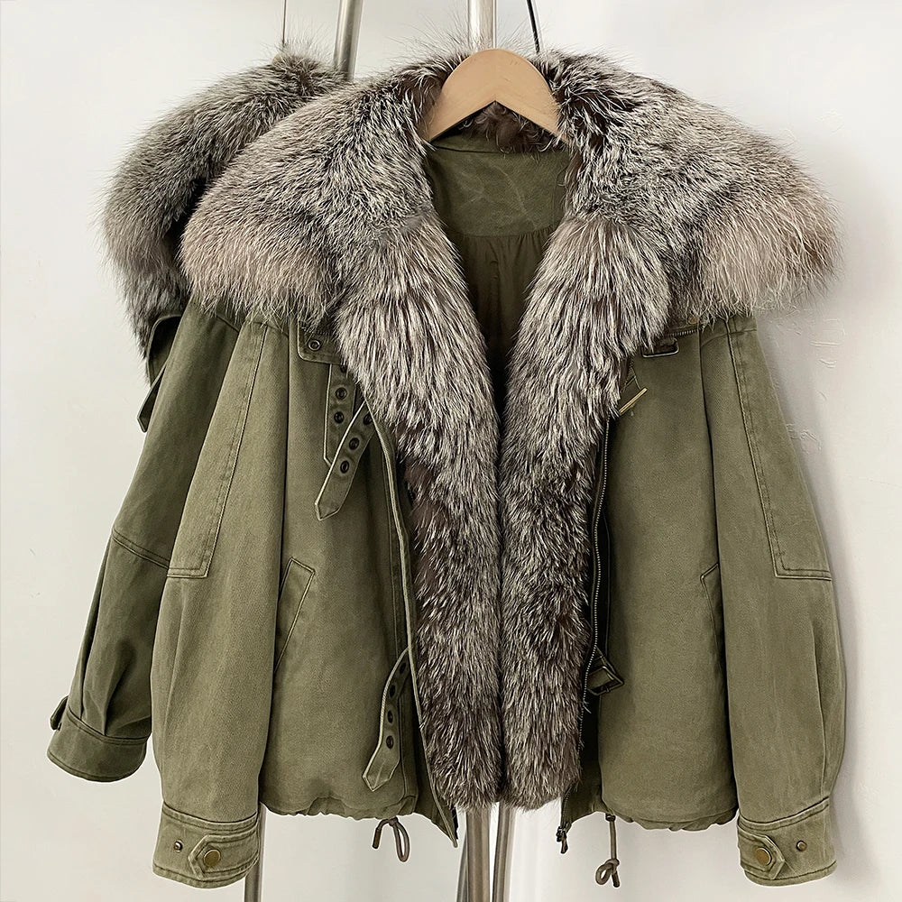 OFTBUY Loose Real Fox Fur Puffer Jacket Lady 100% Cotton Natural Fur Duck Down Coat Female New Winter Thick Warm Clothes Women